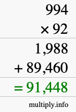 How to calculate 994 times 92 using long multiplication