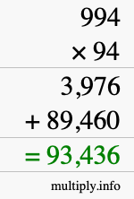How to calculate 994 times 94 using long multiplication