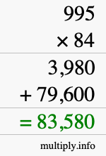 How to calculate 995 times 84 using long multiplication