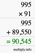 How to calculate 995 times 91 using long multiplication