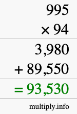 How to calculate 995 times 94 using long multiplication