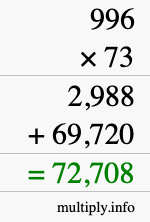 How to calculate 996 times 73 using long multiplication