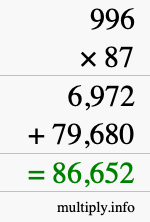 How to calculate 996 times 87 using long multiplication