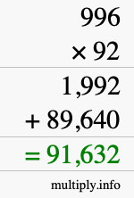 How to calculate 996 times 92 using long multiplication