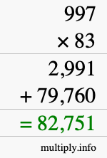 How to calculate 997 times 83 using long multiplication