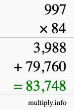 How to calculate 997 times 84 using long multiplication