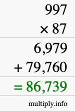 How to calculate 997 times 87 using long multiplication
