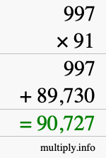 How to calculate 997 times 91 using long multiplication