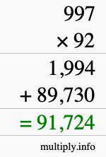 How to calculate 997 times 92 using long multiplication