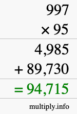 How to calculate 997 times 95 using long multiplication