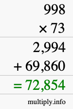 How to calculate 998 times 73 using long multiplication