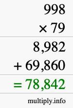 How to calculate 998 times 79 using long multiplication