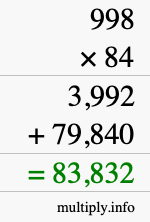 How to calculate 998 times 84 using long multiplication