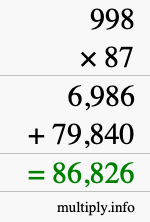 How to calculate 998 times 87 using long multiplication