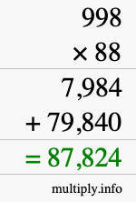 How to calculate 998 times 88 using long multiplication