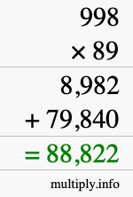 How to calculate 998 times 89 using long multiplication