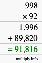 How to calculate 998 times 92 using long multiplication