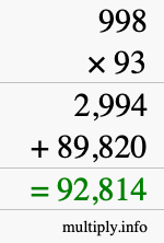 How to calculate 998 times 93 using long multiplication