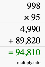 How to calculate 998 times 95 using long multiplication