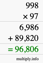 How to calculate 998 times 97 using long multiplication