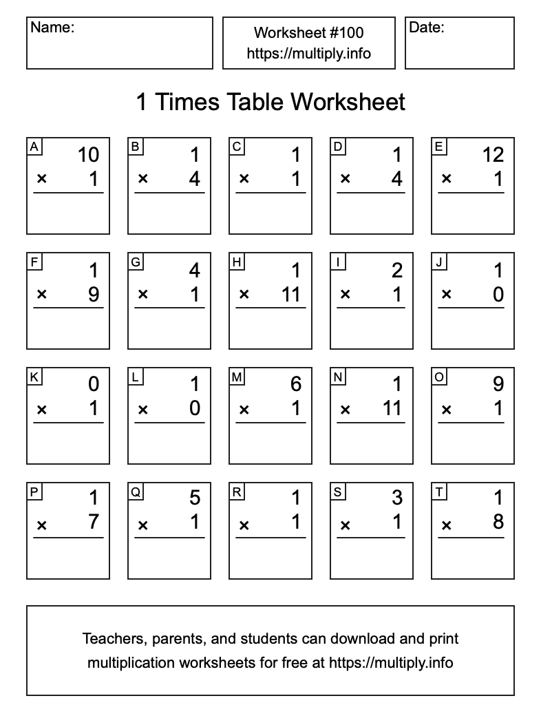 1 Times Table Worksheet #100