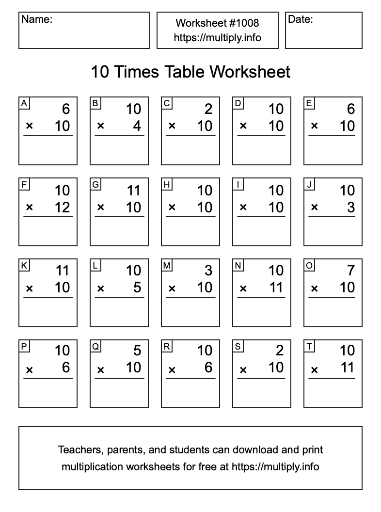 10 Times Table Worksheet #1008