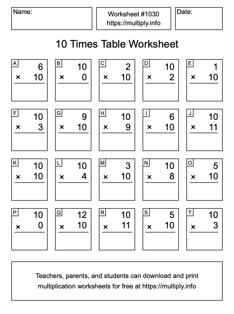 10 Times Table Worksheet #1030