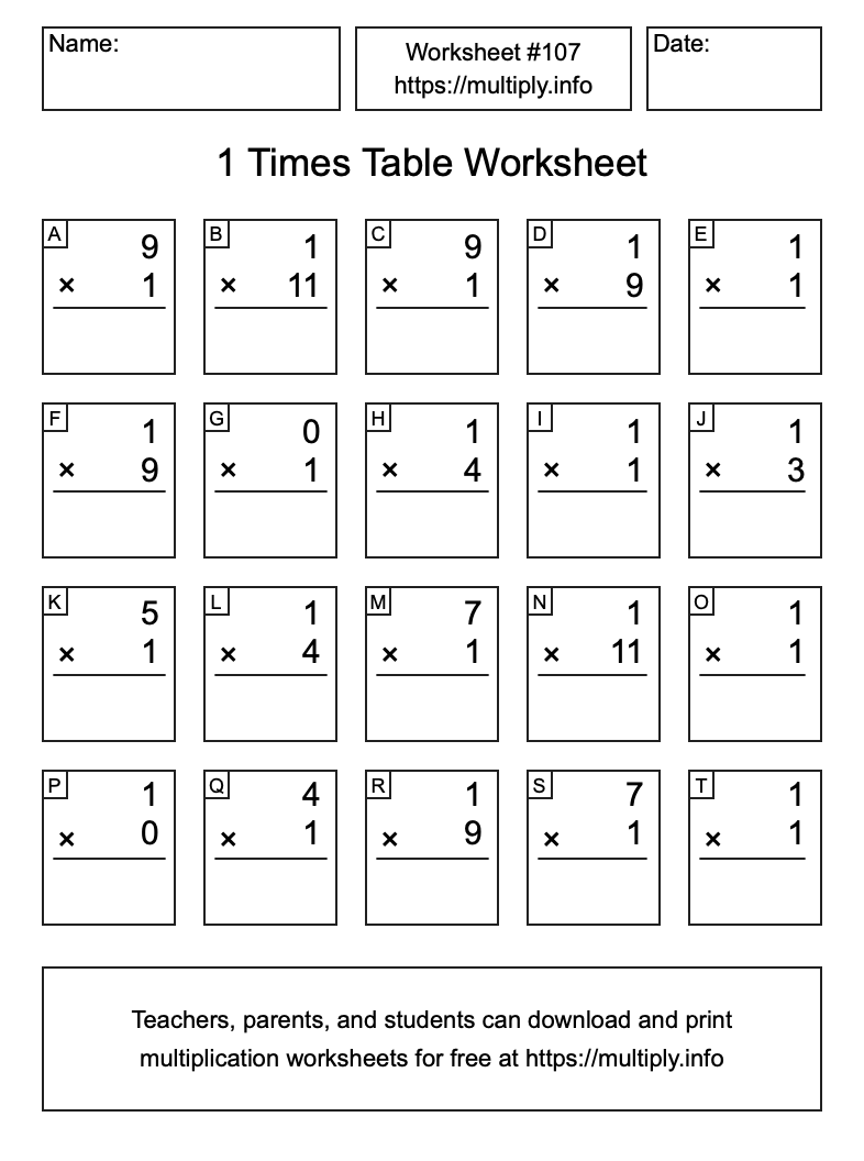 1 Times Table Worksheet #107