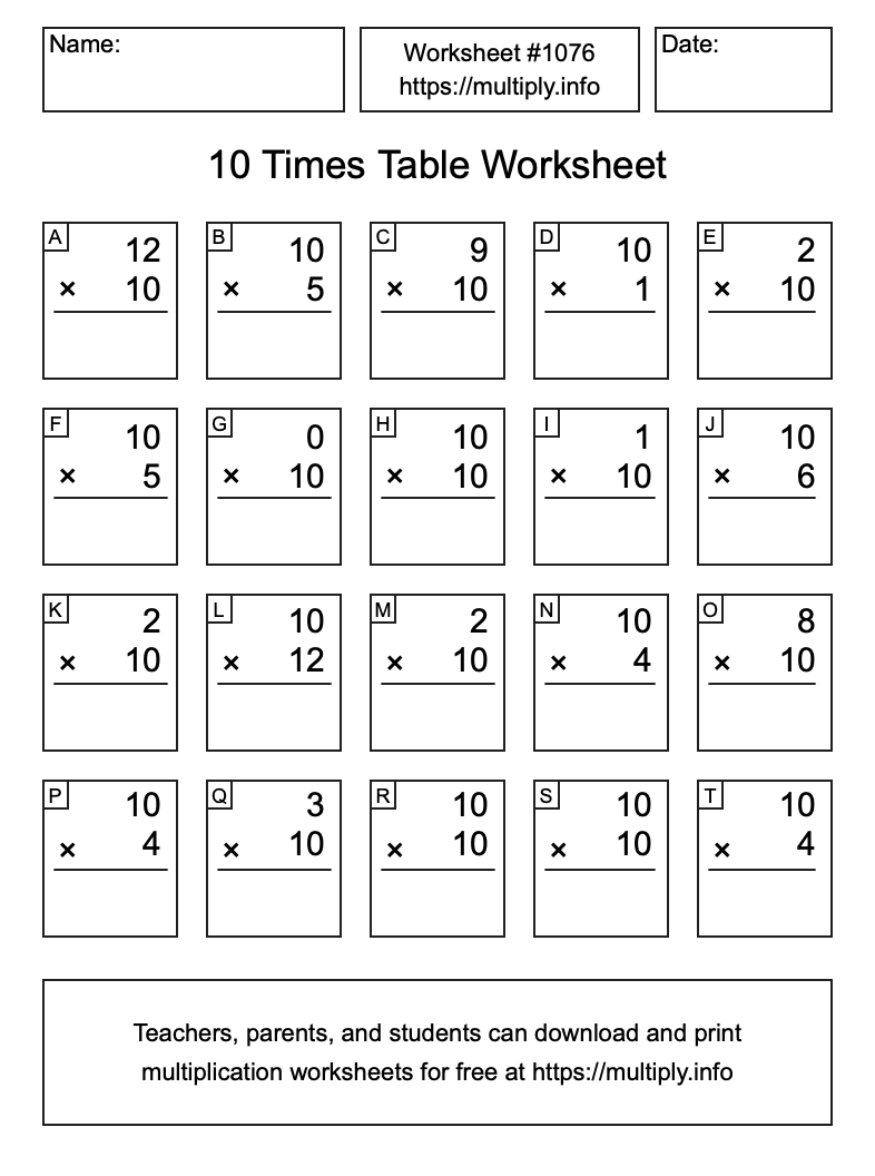 10 Times Table Worksheet #1076