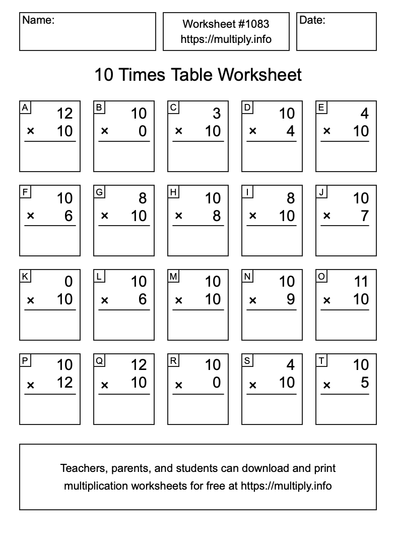 10 Times Table Worksheet #1083