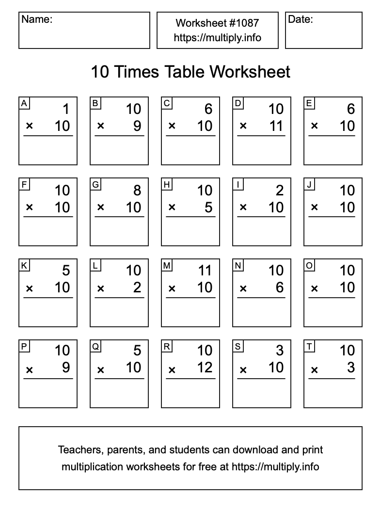 10 Times Table Worksheet #1087