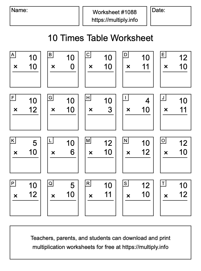 10 Times Table Worksheet #1088
