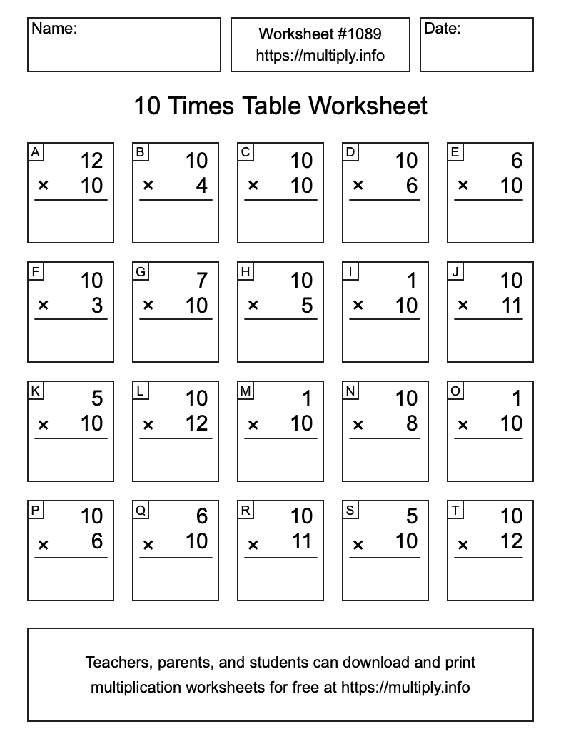 10 Times Table Worksheet #1089