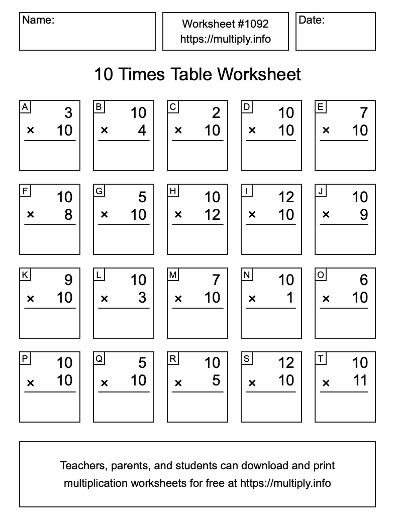 10 Times Table Worksheet #1092