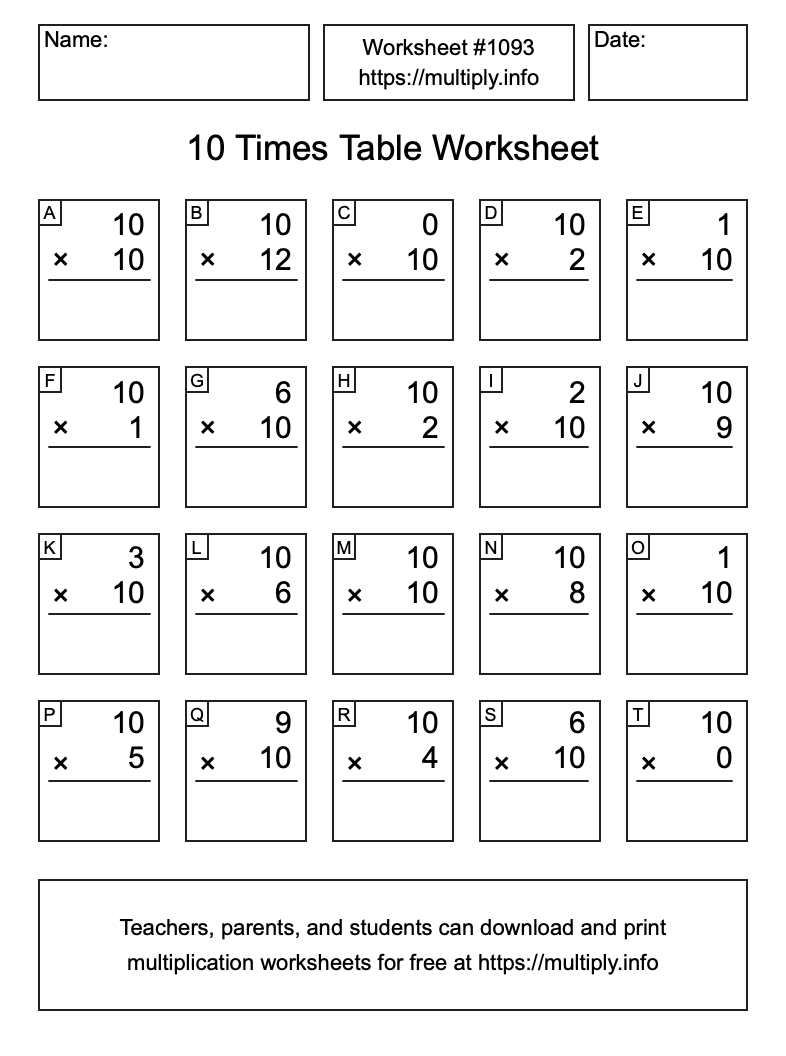 10 Times Table Worksheet #1093