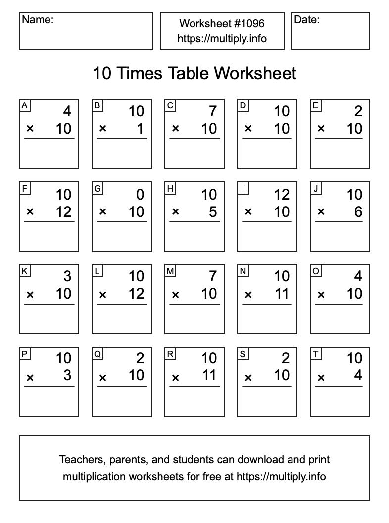 10 Times Table Worksheet #1096