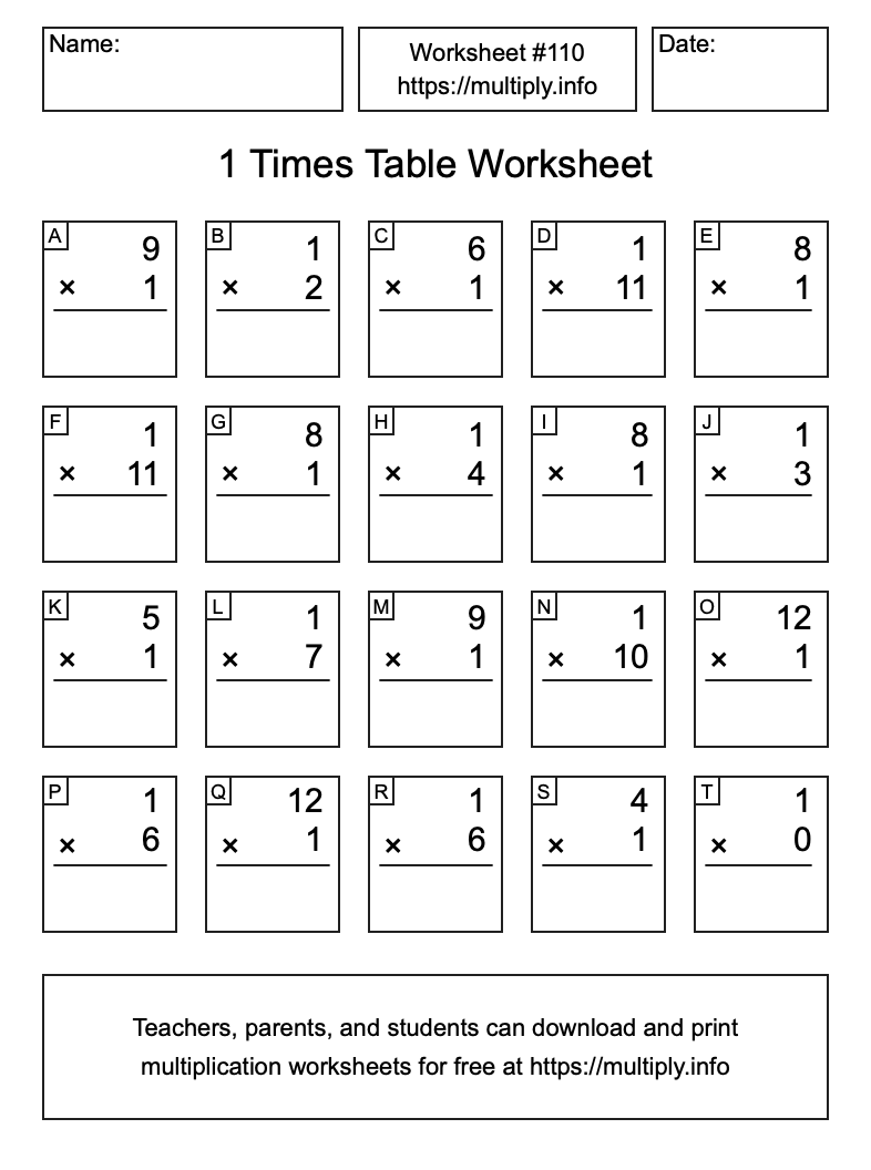 1 Times Table Worksheet #110
