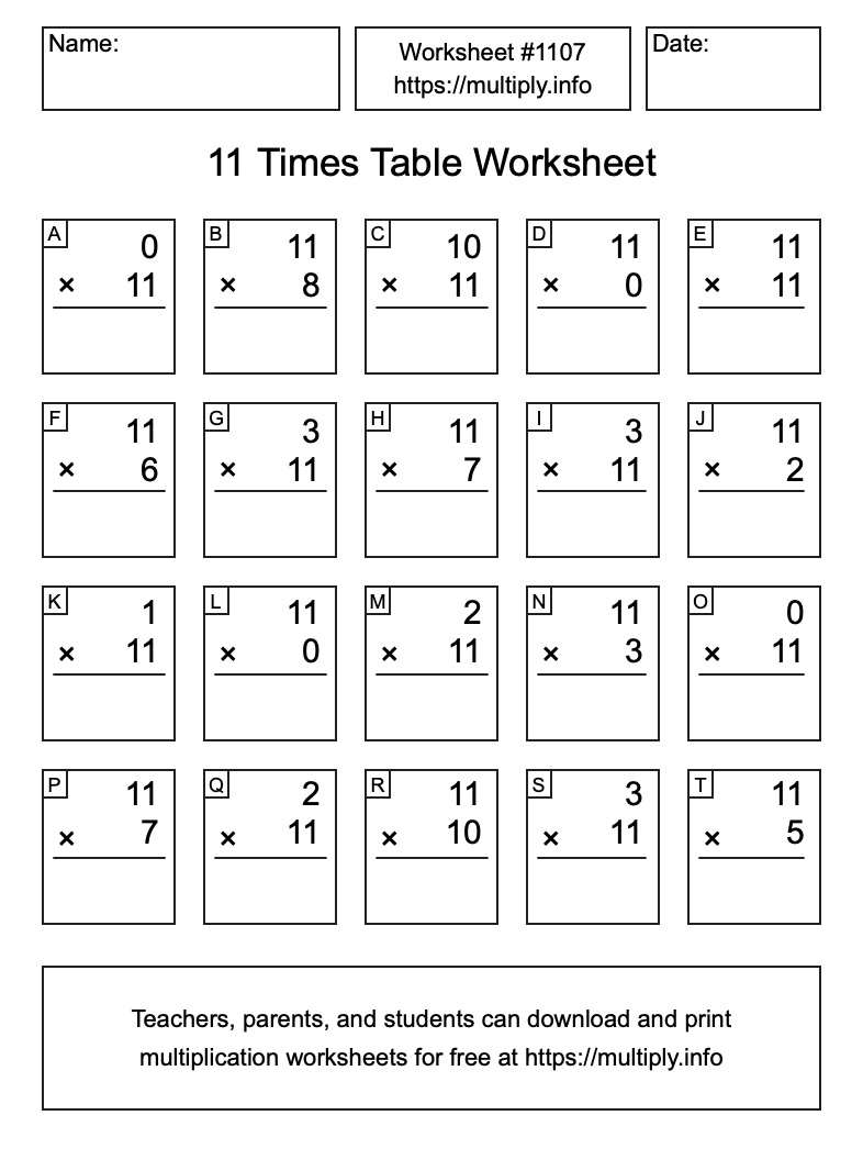 11 Times Table Worksheet #1107