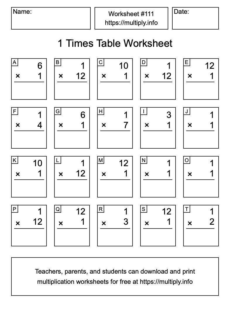1 Times Table Worksheet #111