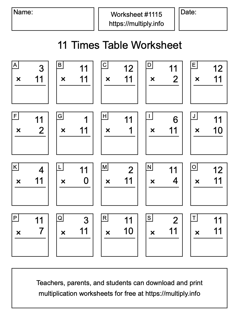 11 Times Table Worksheet #1115