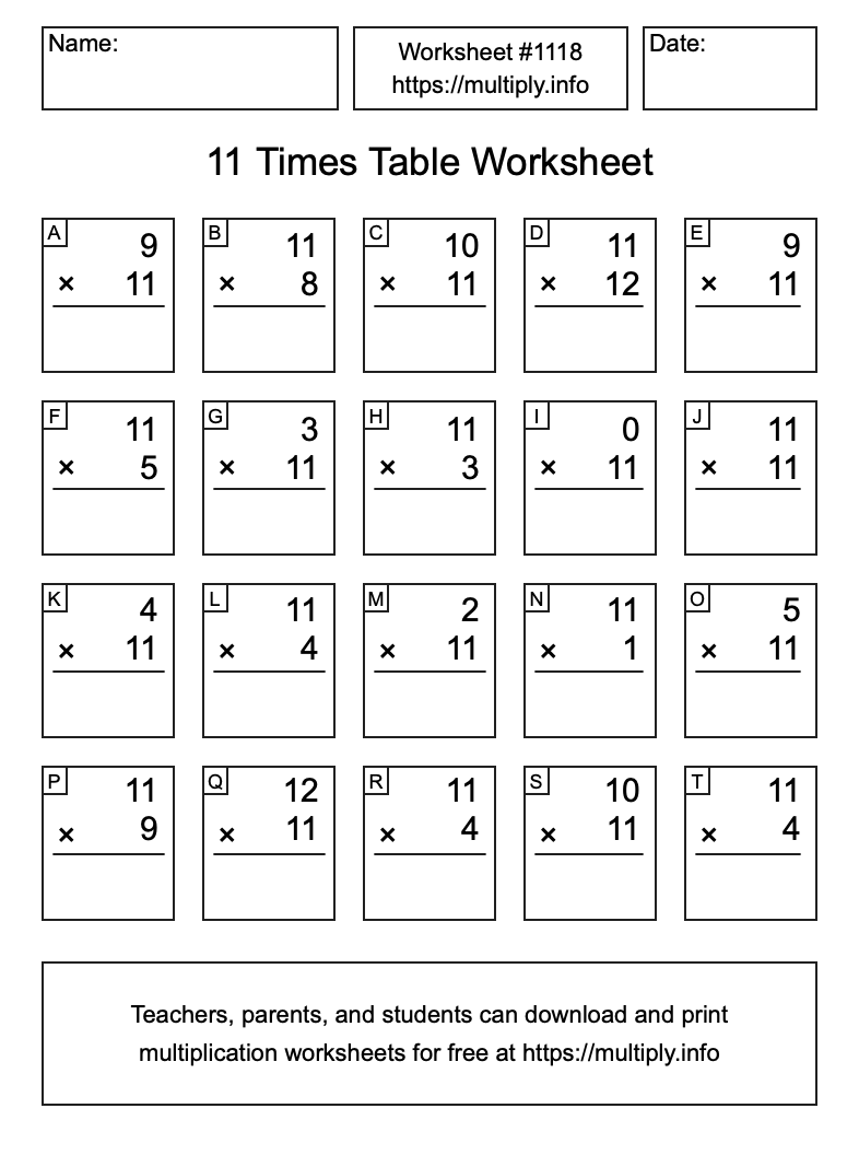 11 Times Table Worksheet #1118