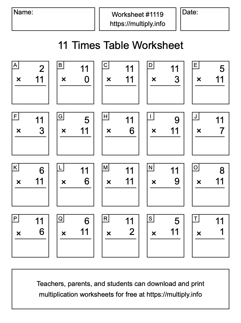 11 Times Table Worksheet #1119