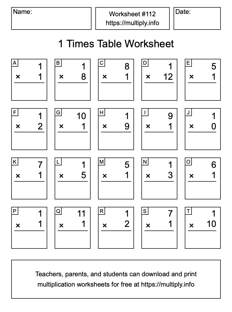 1 Times Table Worksheet #112