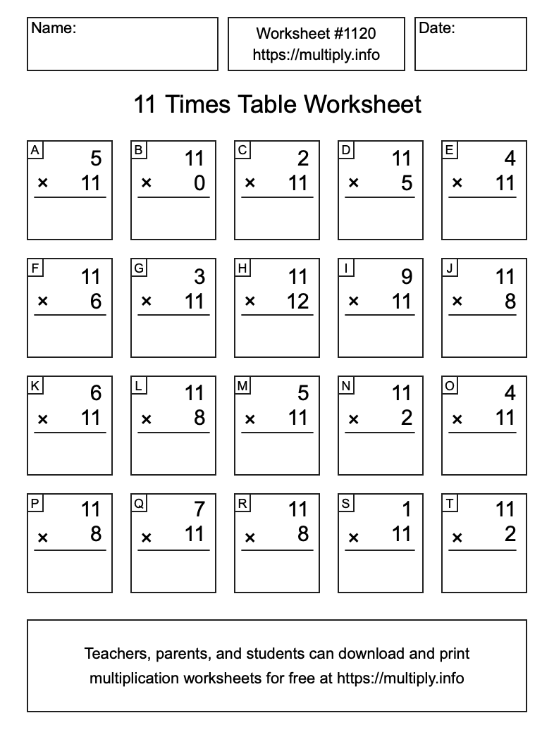 11 Times Table Worksheet #1120