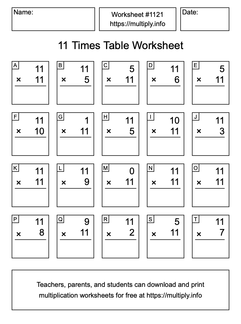 11 Times Table Worksheet #1121