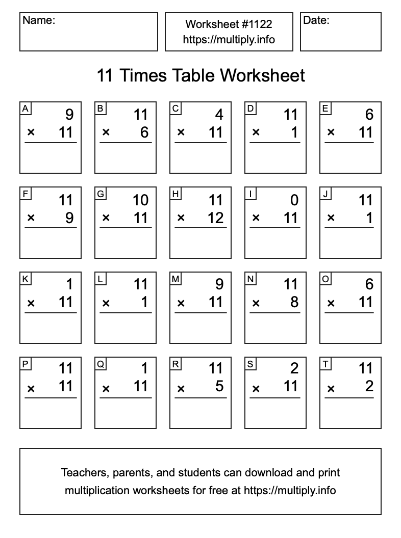 11 Times Table Worksheet #1122