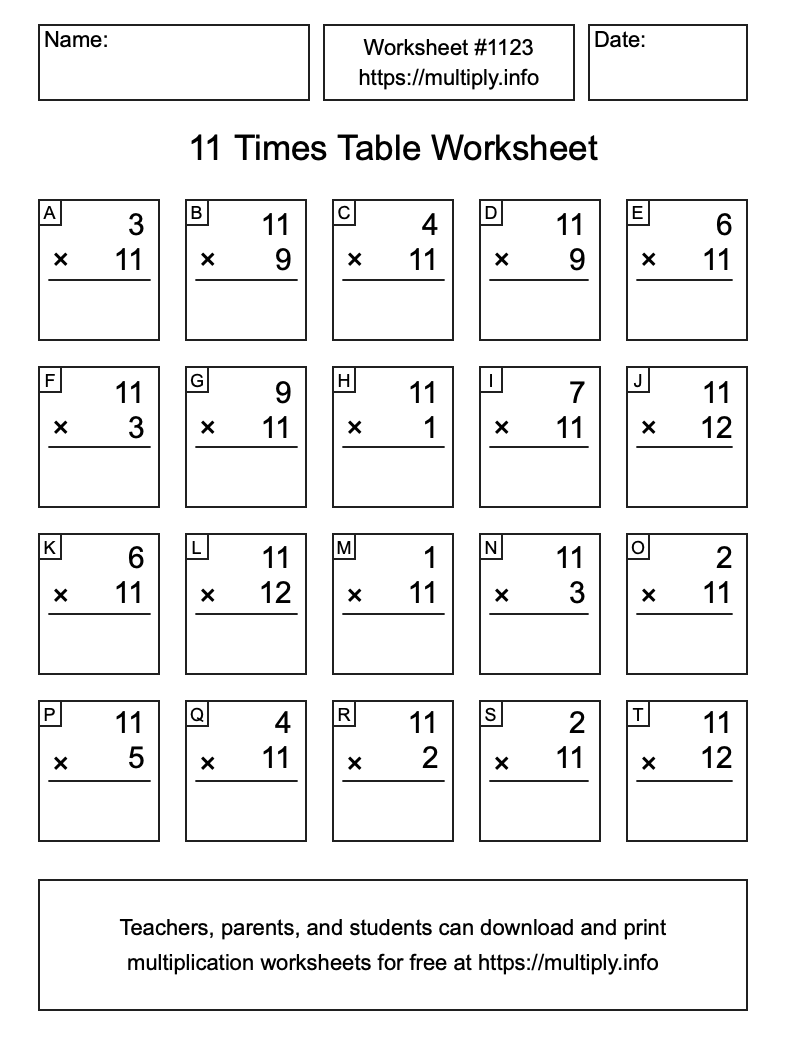 11 Times Table Worksheet #1123