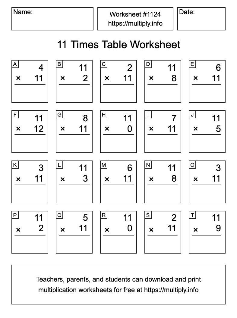 11 Times Table Worksheet #1124