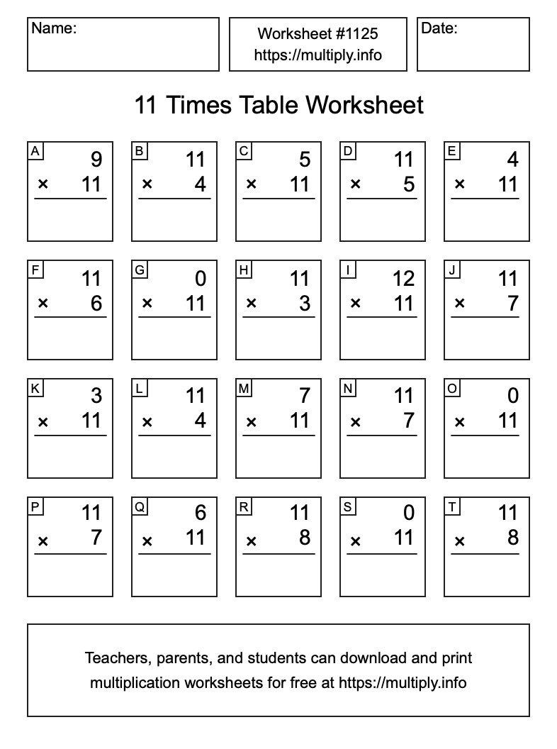 11 Times Table Worksheet #1125