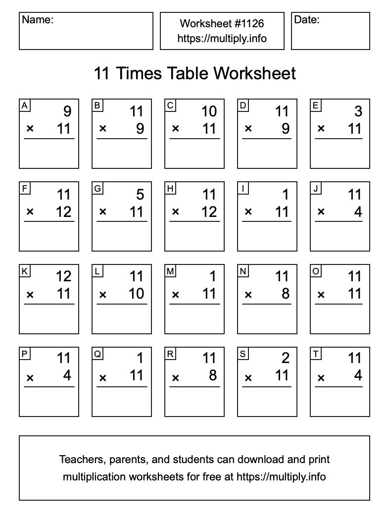11 Times Table Worksheet #1126